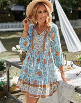 V Yaka Baskılı Günlük Bohem Kısa Elbise