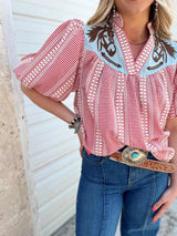 Prairie Horse Gingham Puff Sleeve Blouse