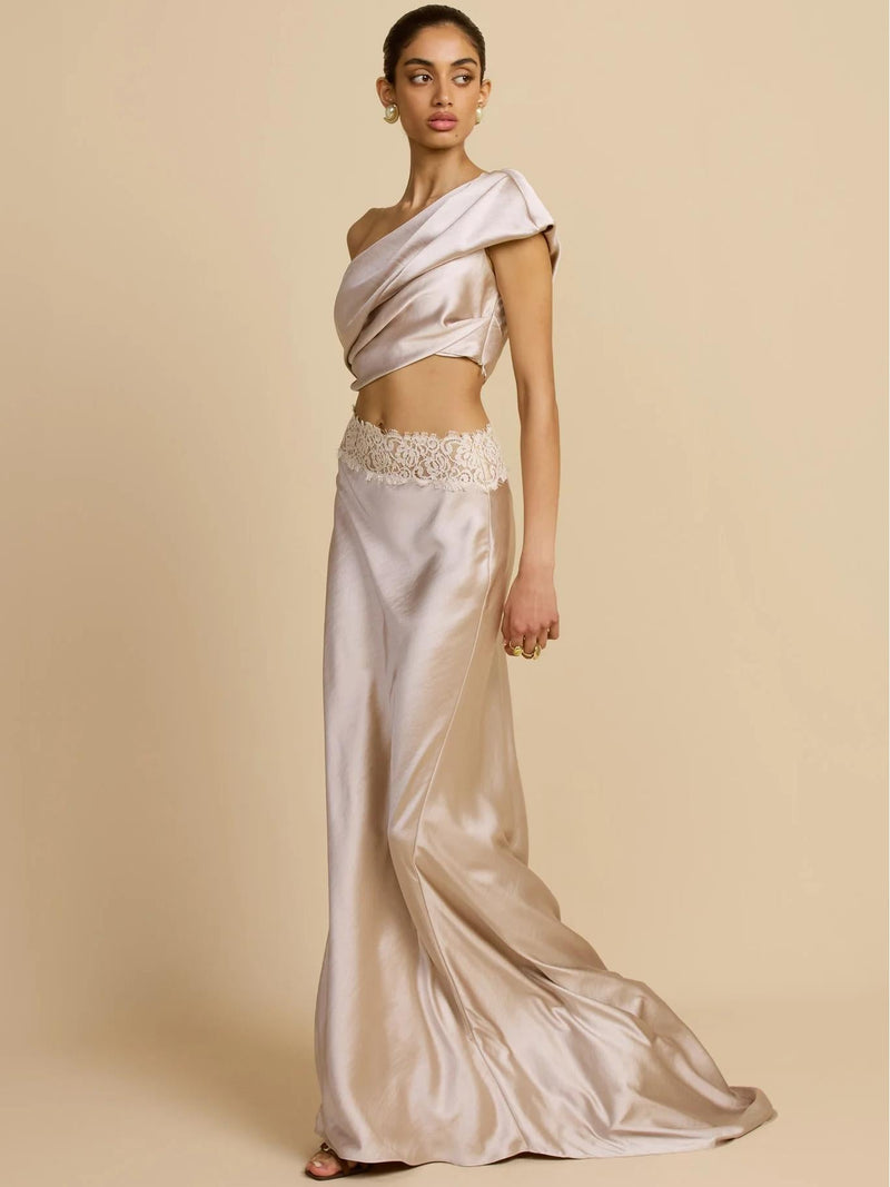 Elegant Draped One Shoulder Skirt Set