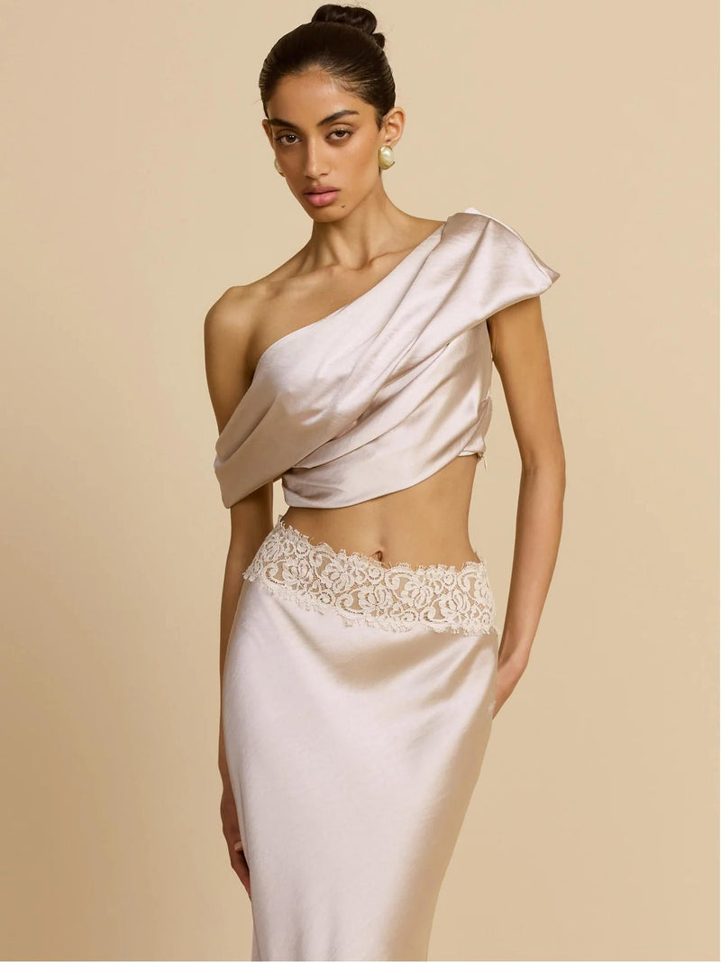Elegant Draped One Shoulder Skirt Set