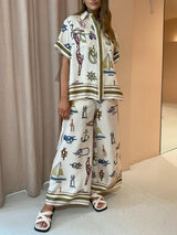 Elle Çizilmiş Deniz Motifli Pantolon Takım