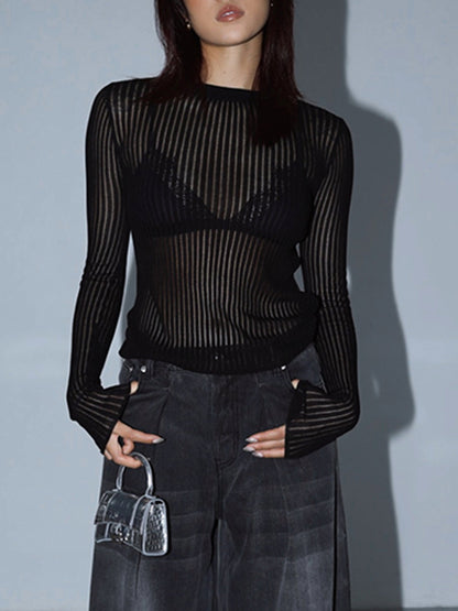 Şeffaf Ribbed Mesh Üst