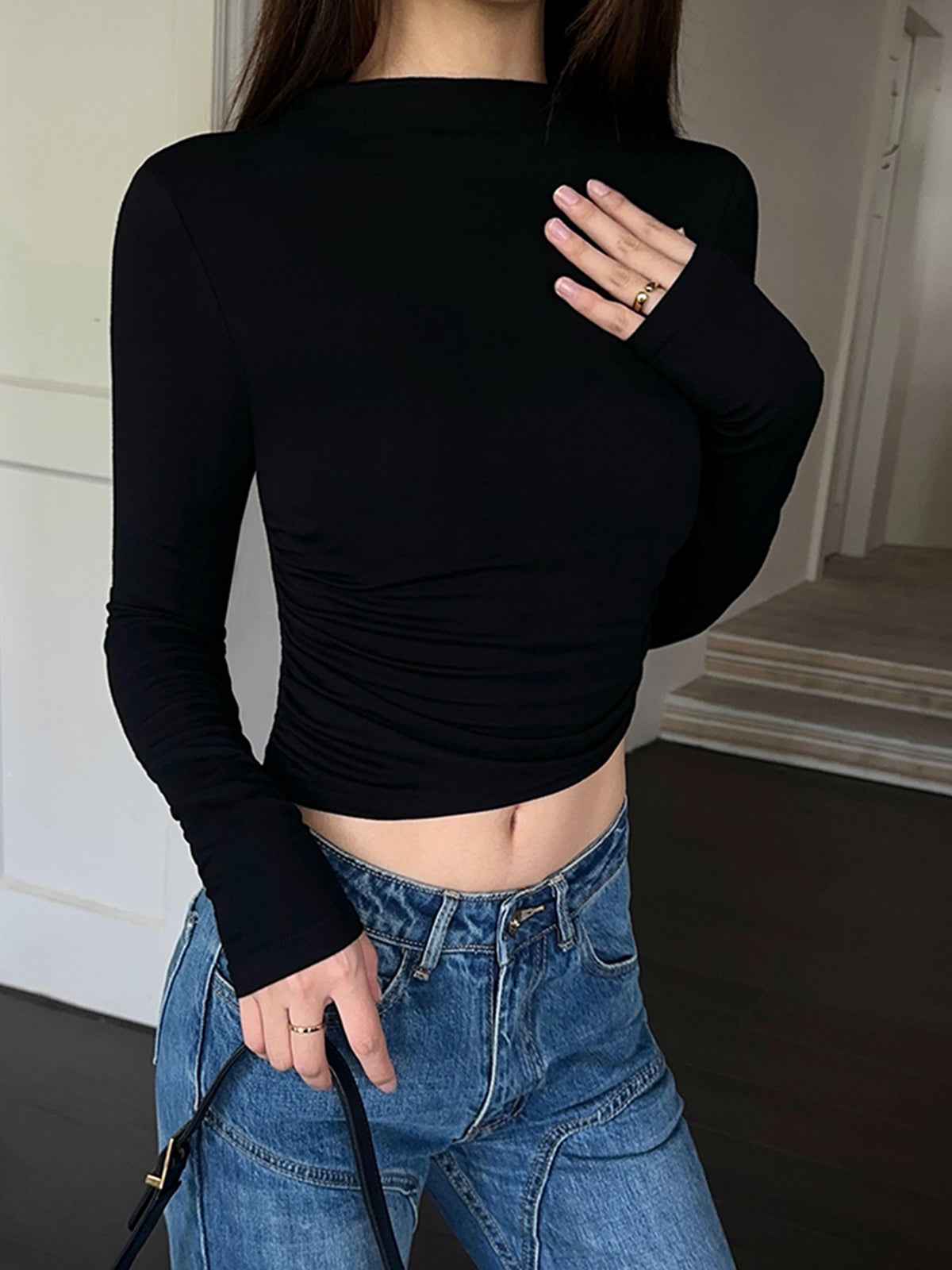 Mock Neck Slinky Uzun Kollu Yivli Örgü Kısa Gömlek