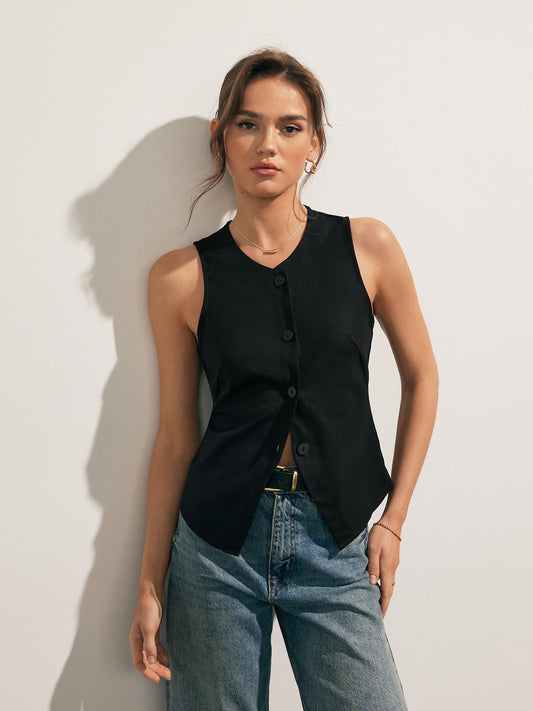 Keten Karışımlı Düğmeli Tank Top