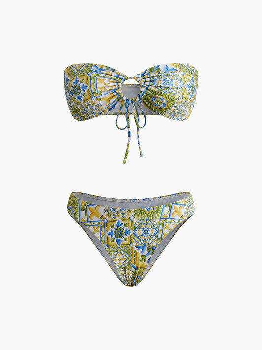 Askısız Desenli Düğüm Detaylı Bikini Takımı