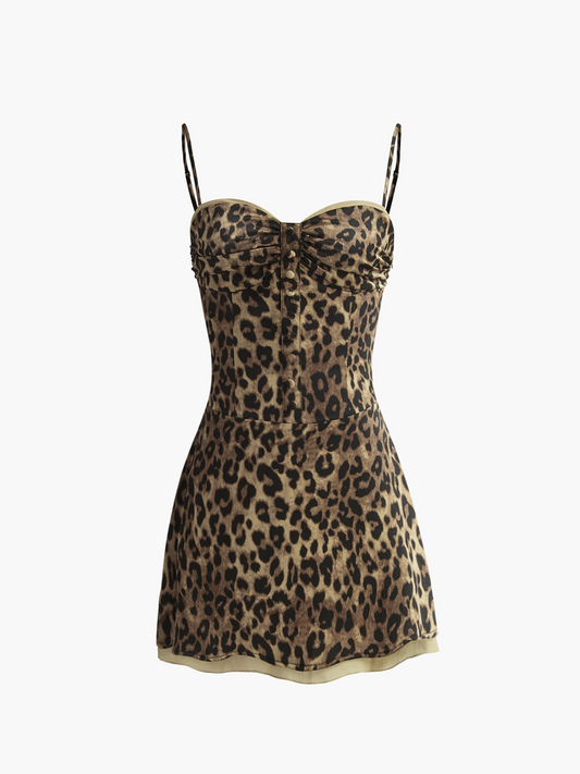 Leopar Desenli Askılı Kısa Elbise