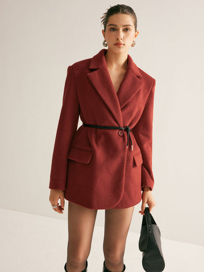 Omuzluklu Yün Karışımlı Kemerli Blazer