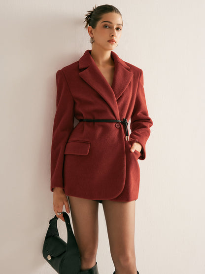 Omuzluklu Yün Karışımlı Kemerli Blazer