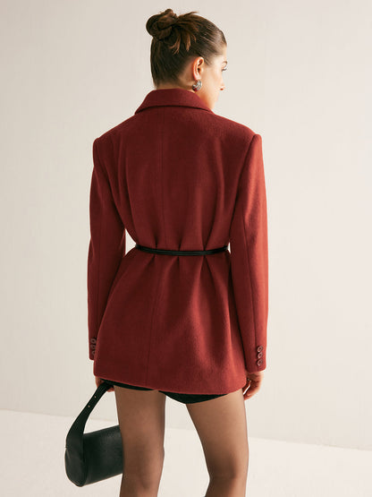 Omuzluklu Yün Karışımlı Kemerli Blazer