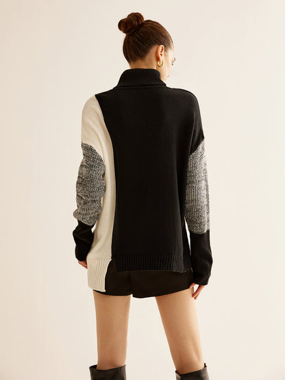 Turtleneck Renk Bloklu Örgü Üst
