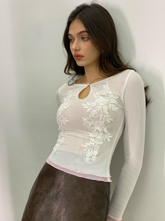Keyhole Neckline Floral Mesh T-Shirt