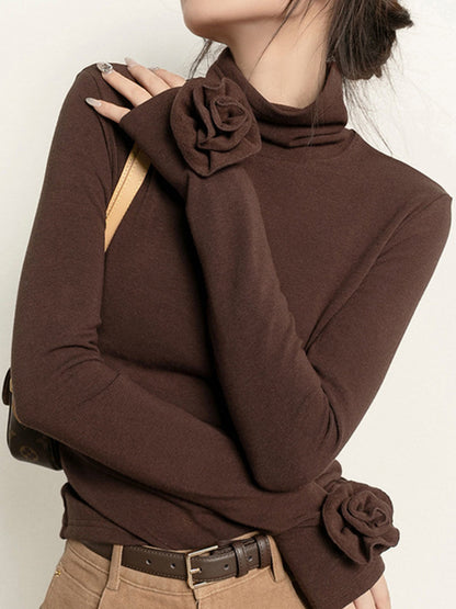 Pileli Turtleneck 3D Çiçekli Slim Tişört