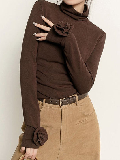 Pileli Turtleneck 3D Çiçekli Slim Tişört