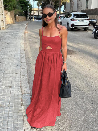 Pamuklu Kolsuz Cepli Dekolteli Maxi Elbise