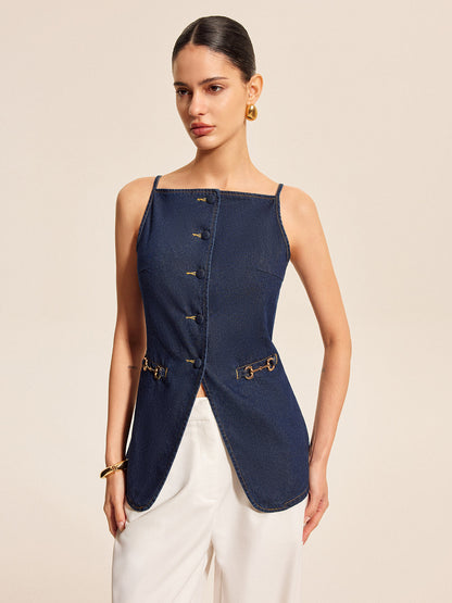Düğme Detaylı Tokalı Denim Şort Takımı