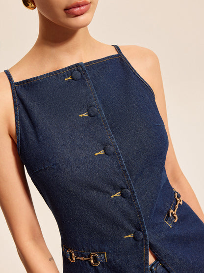 Düğme Detaylı Tokalı Denim Şort Takımı