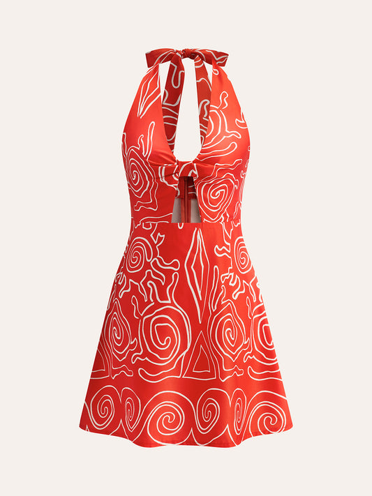 Halter Bağlama Baskılı Elbise