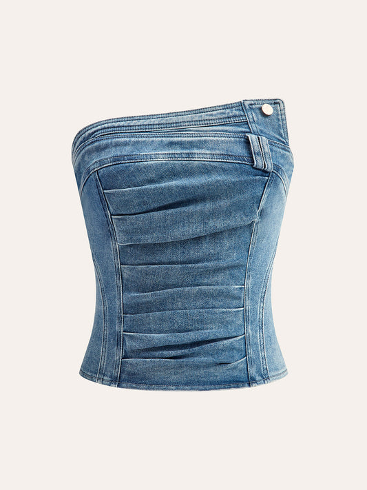 Asimetrik Plise Denim Askısız Üst