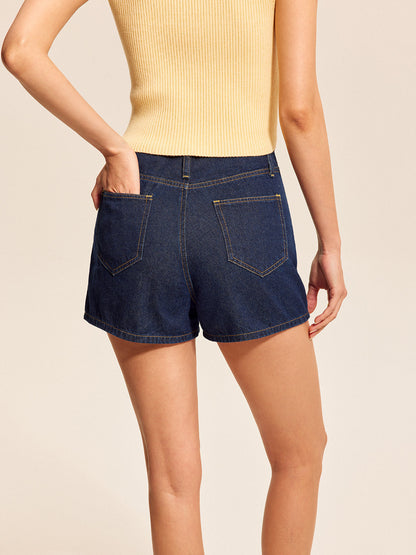Düğme Detaylı Tokalı Denim Şort Takımı