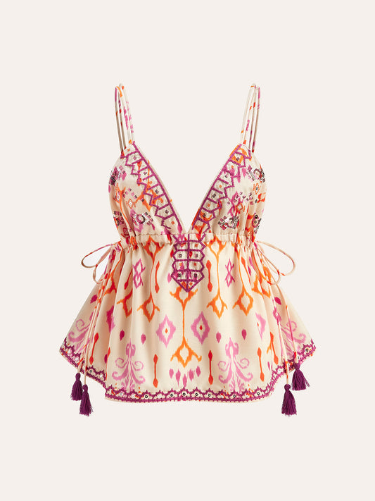Nakışlı Boho Püskül Bağcıklı Sıfır Kol Bluz