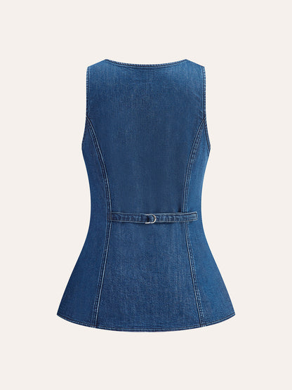 Metal Düğme Bağlamalı Denim V Yaka Şort Takımı