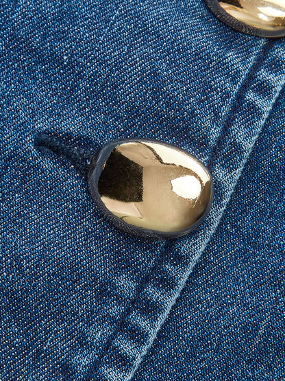 Metal Düğme Bağlamalı Denim V Yaka Şort Takımı
