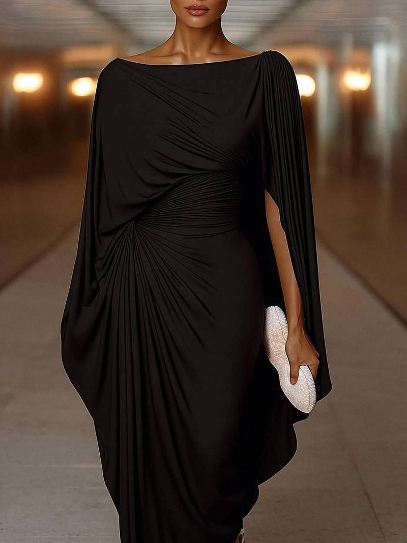 Elegant Draped Cape Sleeves Maxi Dress