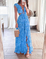 Kelebek Kol Desenli Fırfırlı Yırtmaçlı Elbise