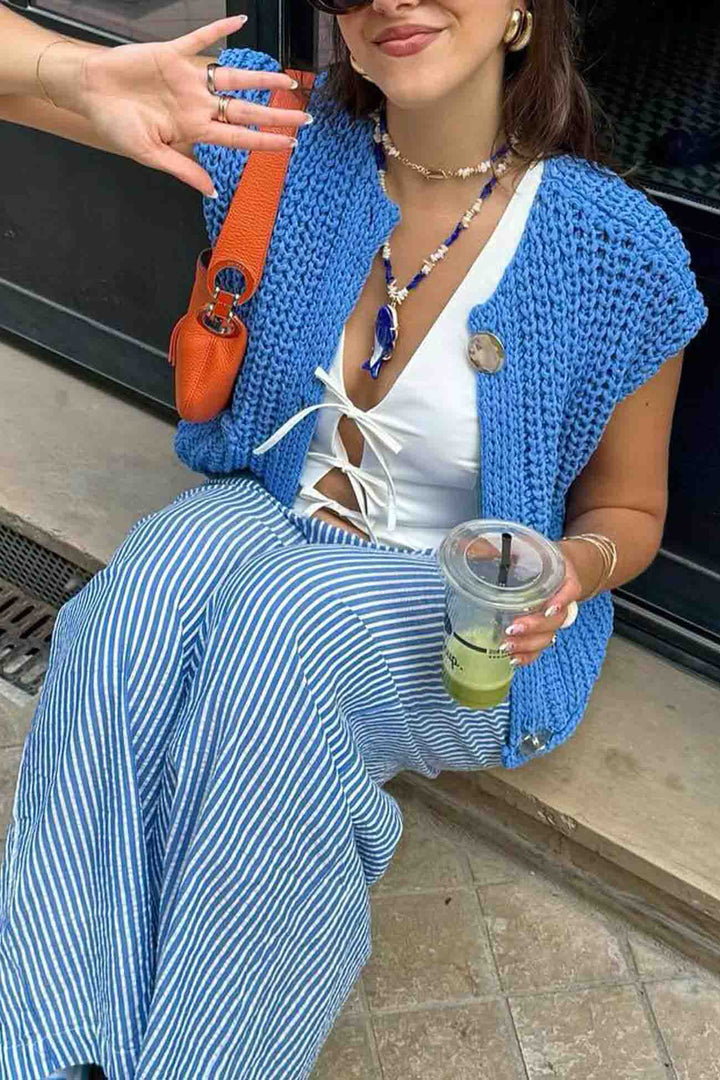 Büyük Düğmeler Düz Renk Örgü Yelek Hırka