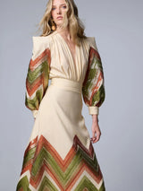 Puff Sleeves Bodysuit & Geometric Patterned Midi Skirt Set