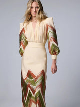 Puff Sleeves Bodysuit & Geometric Patterned Midi Skirt Set