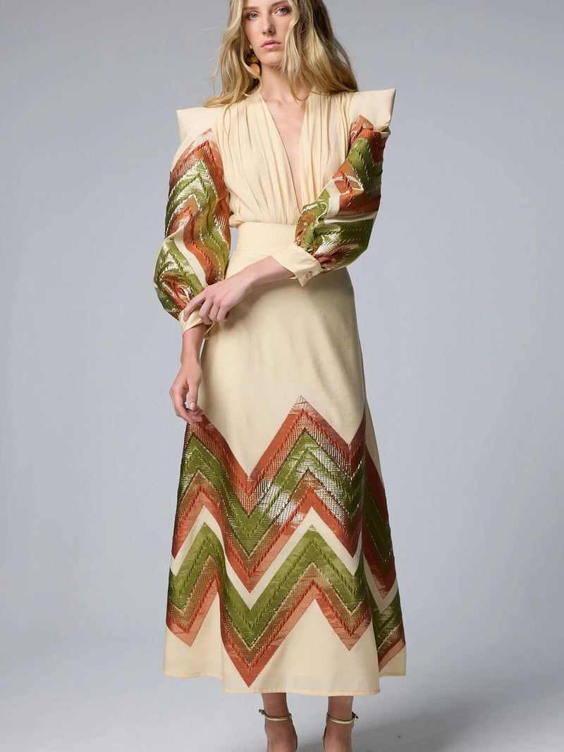 Puff Sleeves Bodysuit & Geometric Patterned Midi Skirt Set