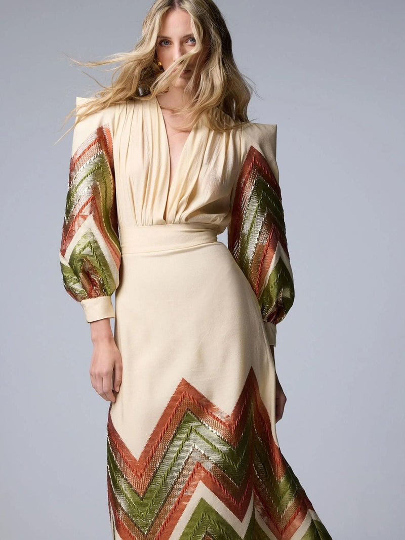 Puff Sleeves Bodysuit & Geometric Patterned Midi Skirt Set