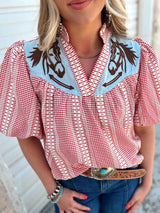 Prairie Horse Gingham Puff Sleeve Blouse