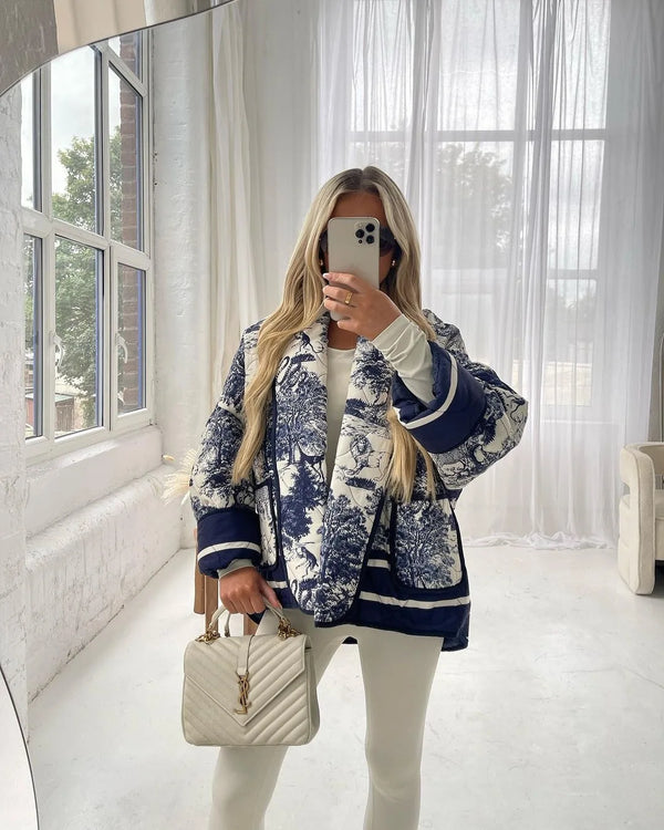 Vintage Mürekkep Boyama Baskı Kapitone Oversize Ceket