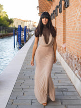 Sheer Mock Neck Cowl Front Maxi Dress
