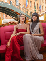 Sheer Mock Neck Cowl Front Maxi Dress