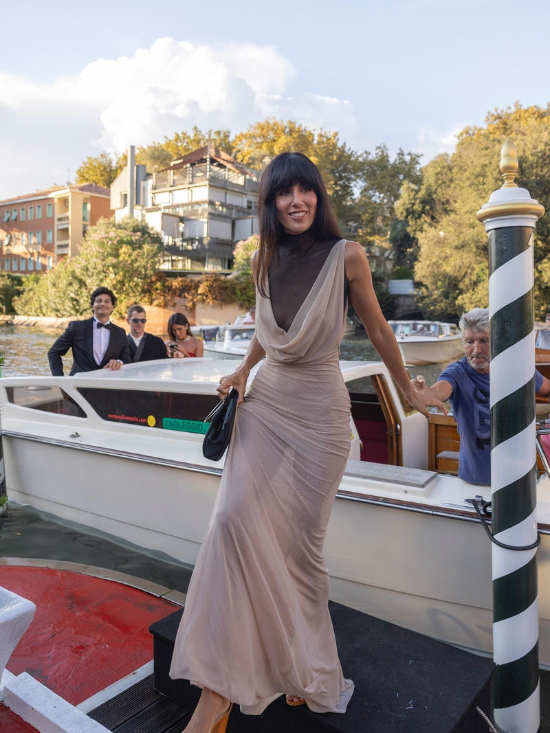 Sheer Mock Neck Cowl Front Maxi Dress