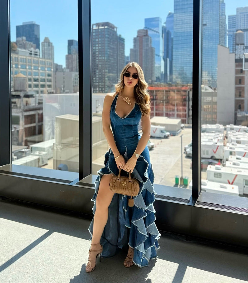 Bohemian Style Ruffled Denim Maxi Dress