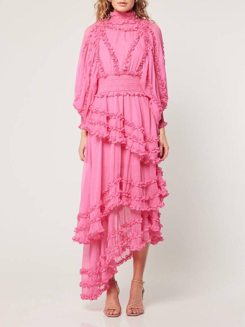 Dik Yaka Kat Kat Fırfırlı Fener Kol Midi Elbise