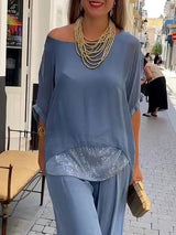 Chiffon Loose Off Shoulder Top With Wide Leg Pants Set