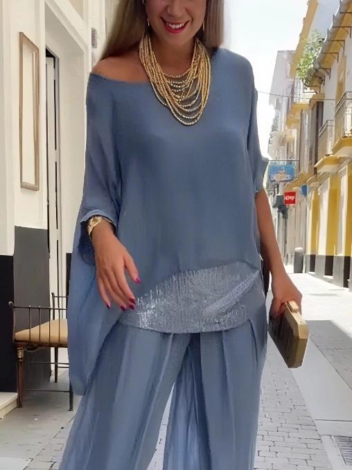Chiffon Loose Off Shoulder Top With Wide Leg Pants Set