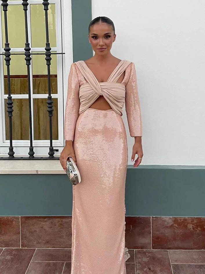 Elegant Blush Pink Sequin Cut Out Maxi Dress