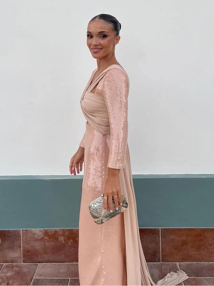 Elegant Blush Pink Sequin Cut Out Maxi Dress