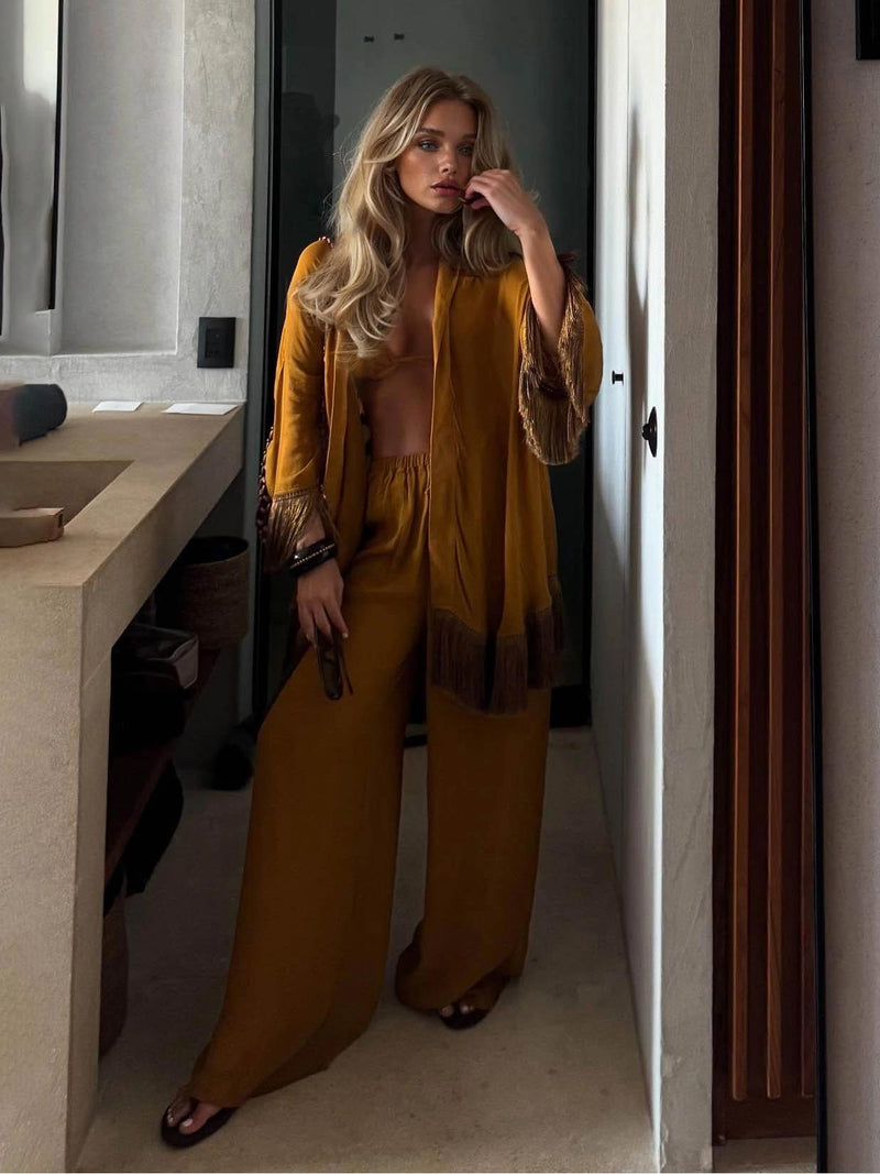Elegant Tassel Drawstring Waist Wide Leg Pants Set