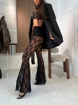 Fashion Floral Lace High Rise Elastic Waist Fishtail Hem Pants Set