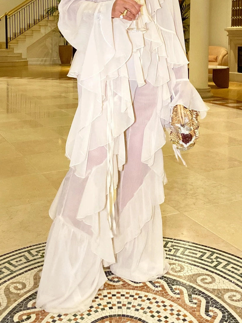 Fashionable Ruffled Chiffon Wide Leg Pants Set