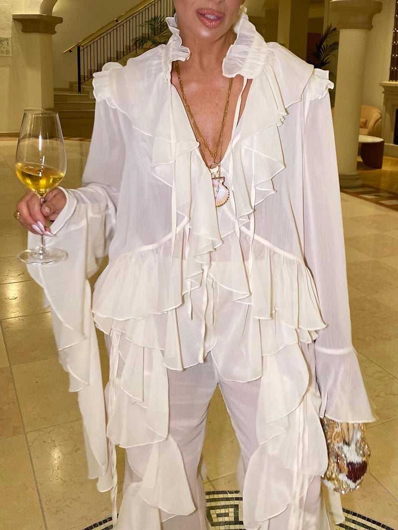 Fashionable Ruffled Chiffon Wide Leg Pants Set