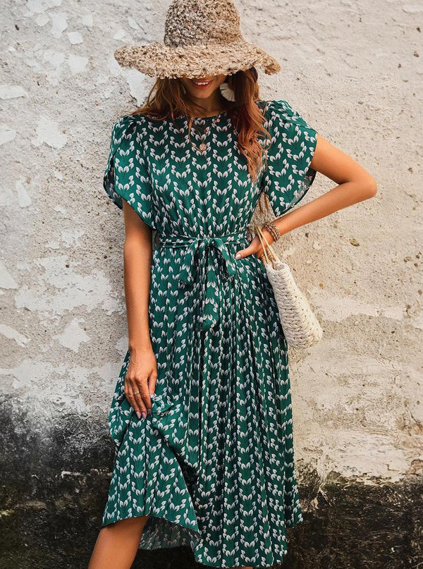 Çiçekli Midi Elbise Streç Kuşaklı Taşlı Yaka Kısa Kollu Bohem