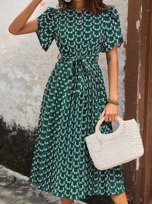 Çiçekli Midi Elbise Streç Kuşaklı Taşlı Yaka Kısa Kollu Bohem